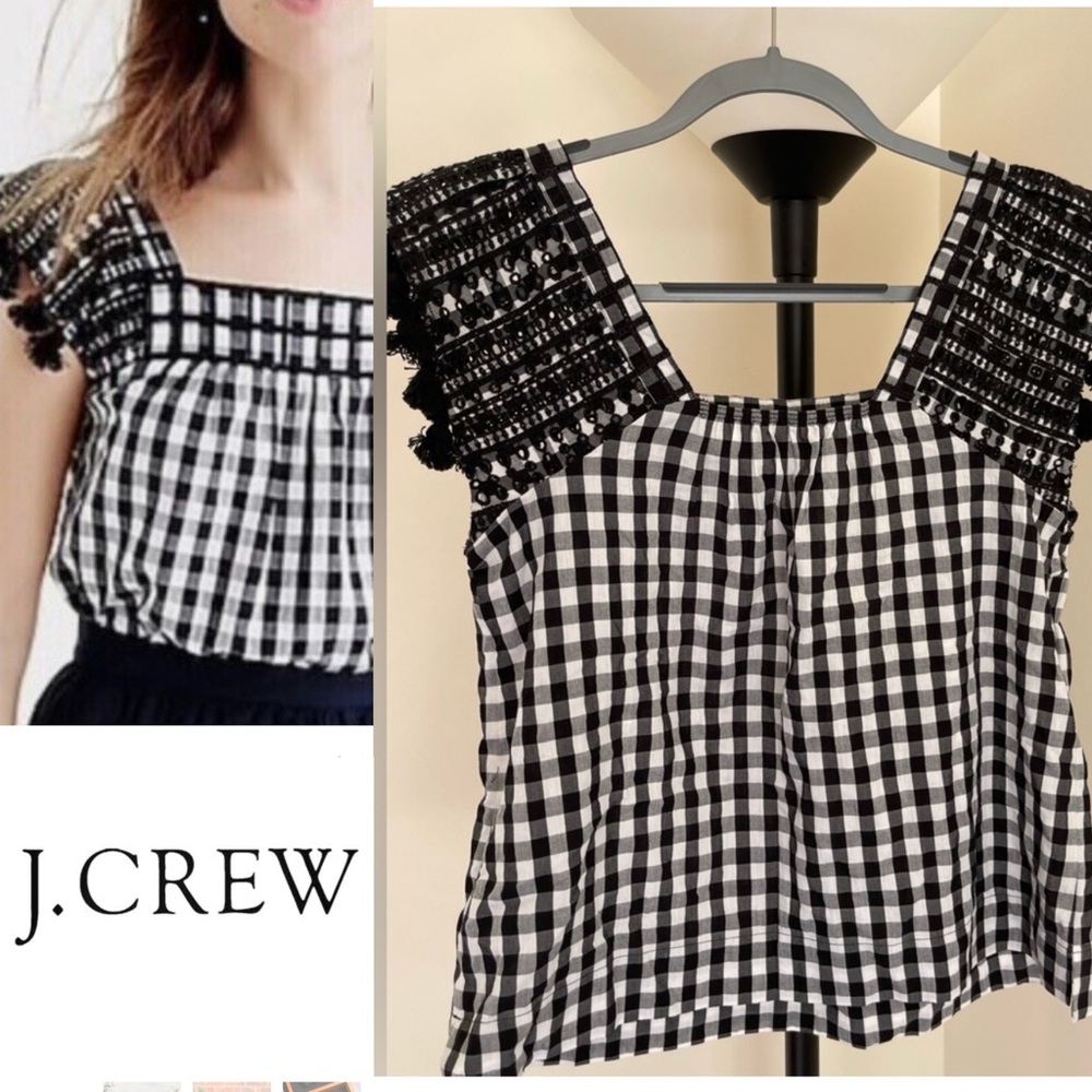 JCREW Embroidered Gingham Eyelet Pompom Tassel Blouse- size 6